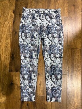 HUE Floral Print Leggings - White, Gray & Blue Size L (8-10 women’s)